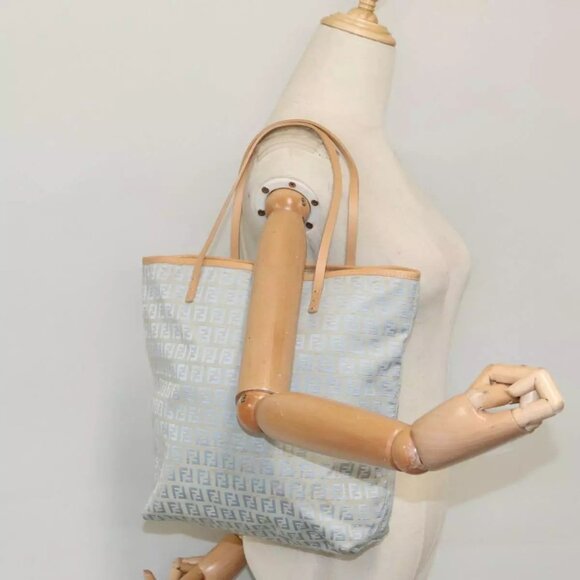 FENDI Zucchino Canvas Tote Bag Light Blue Brown Silver Auth - Picture 3 of 16